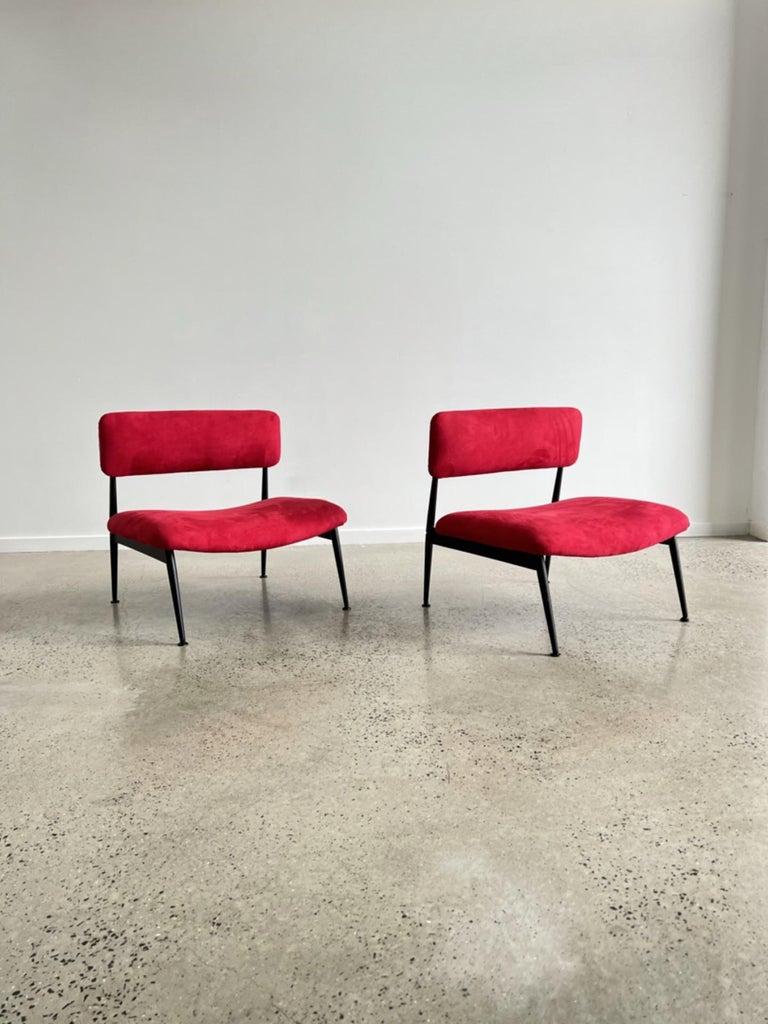 Chaise italienne rouge à assise basse en daim et structure en métal noir, années 1970.
Chaises italiennes en daim rouge entièrement restaurées, cadre peint en noir et retapissé en Italie.
 