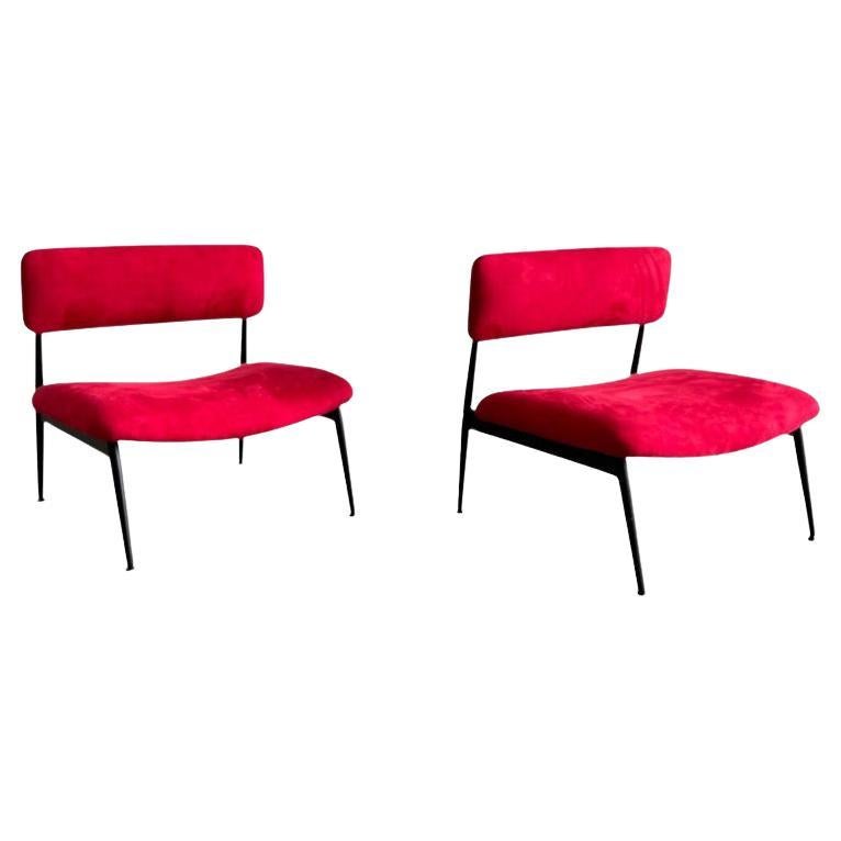 Italienische Mid-Century-Stühle aus Wildleder und schwarzem Metallgestell im Angebot