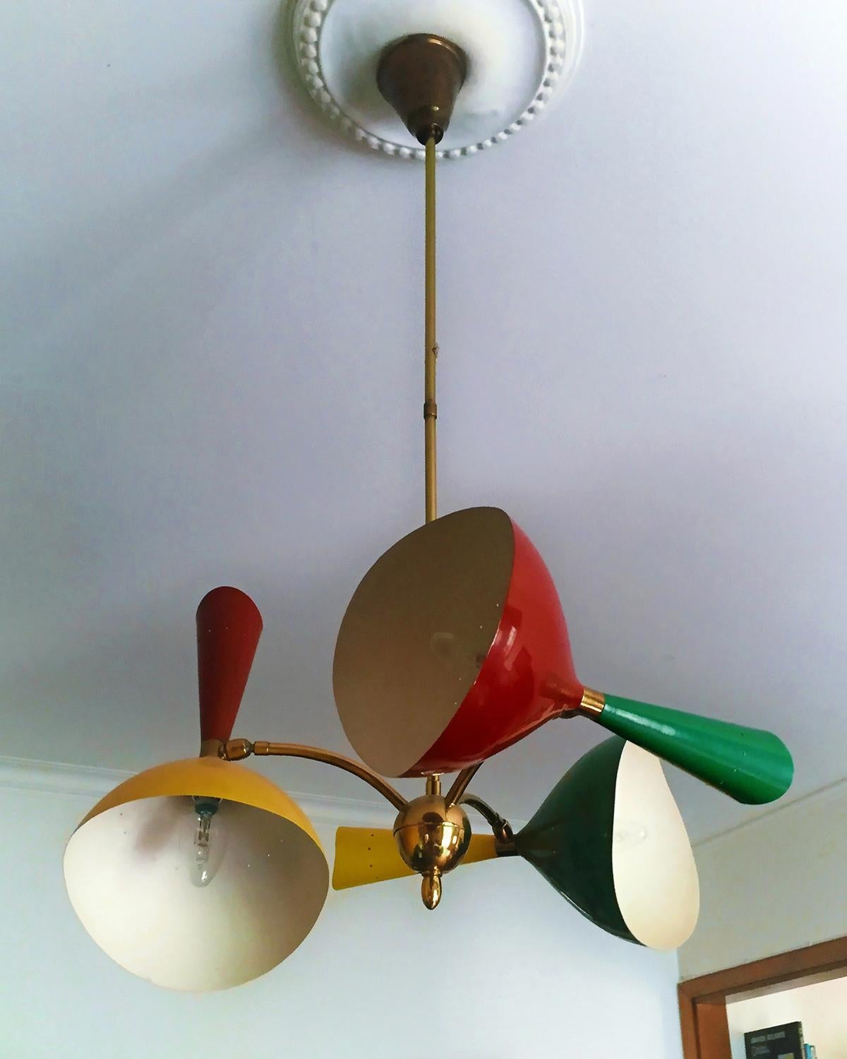 Italian Mid-Century Chandelier Three-Arms with Diabolò Stilnovo Attributed, 1955 In Good Condition In Traversetolo, IT