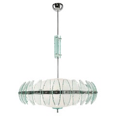 Italian Mid-Century Chandelier with Aquamarine Scagliato Glass Panels, 1980