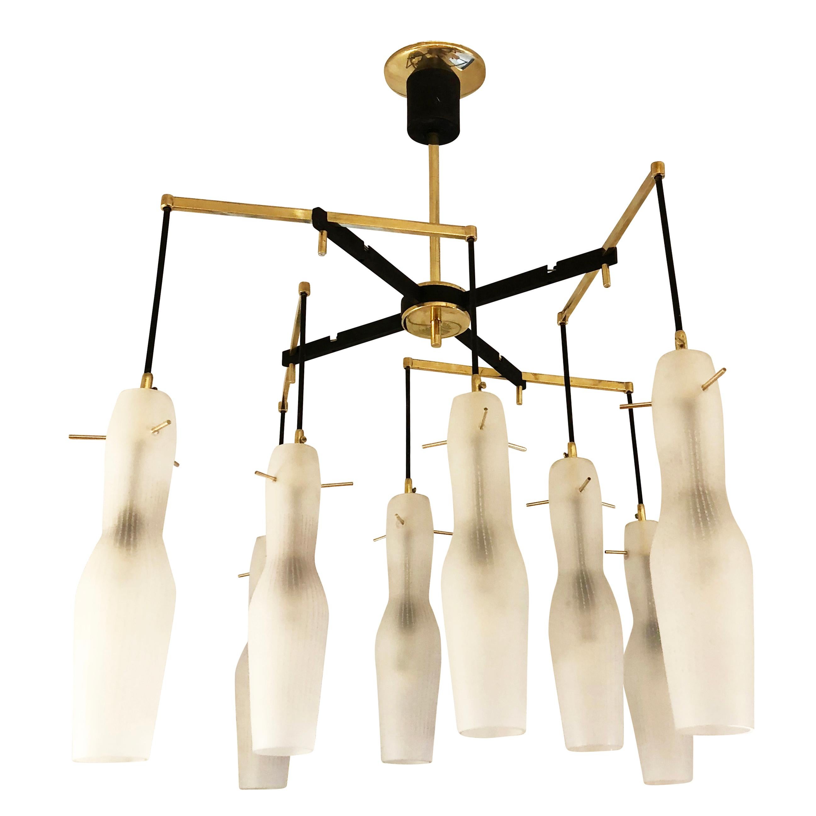 Italian Midcentury Chandelier with Fluted Glass Shades In Good Condition In New York, NY