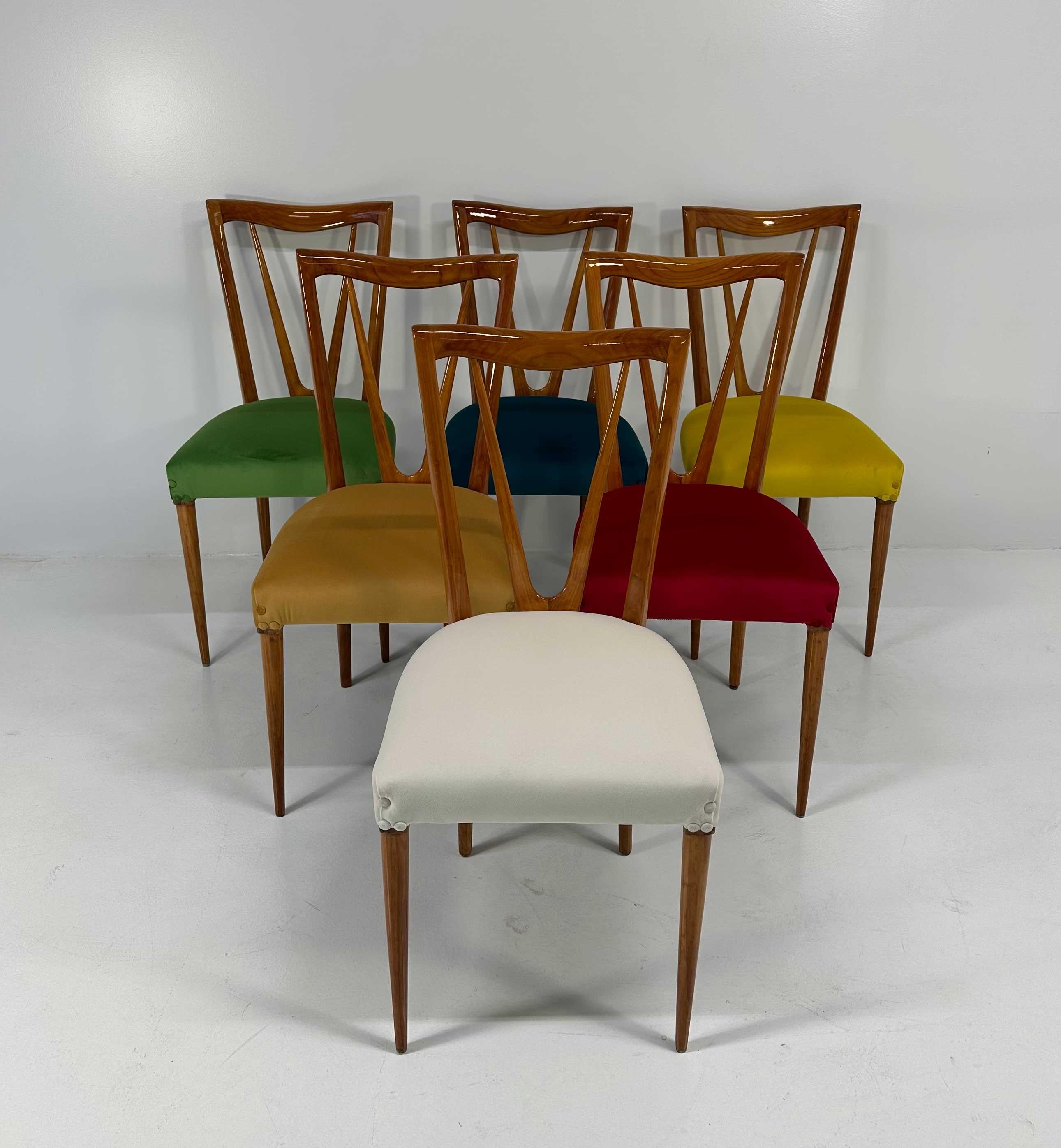 Mid-20th Century Italian Mid-Century Cherry Wood and Pastel Colored Chairs , 1950s