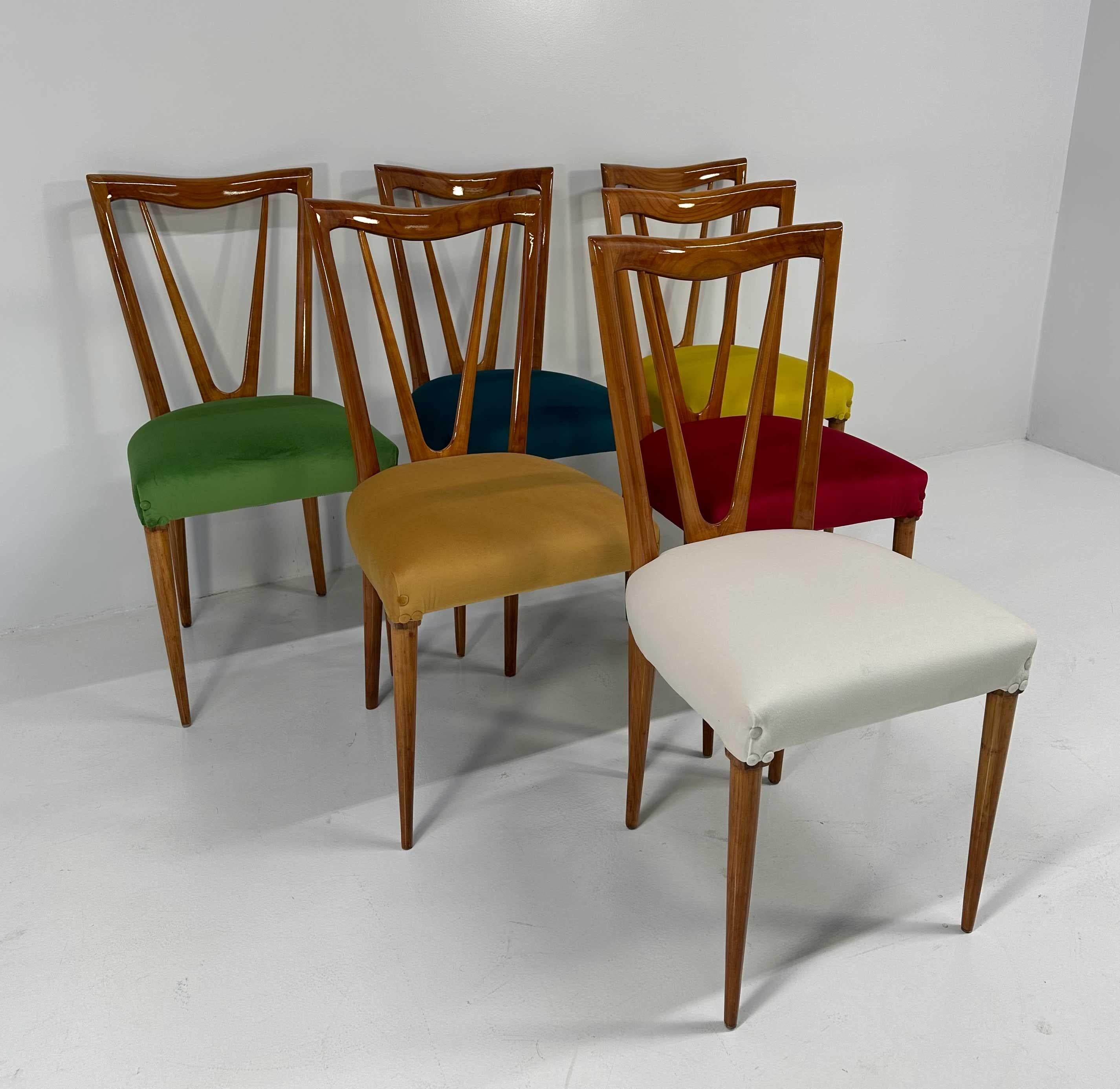 Velvet Italian Mid-Century Cherry Wood and Pastel Colored Chairs , 1950s
