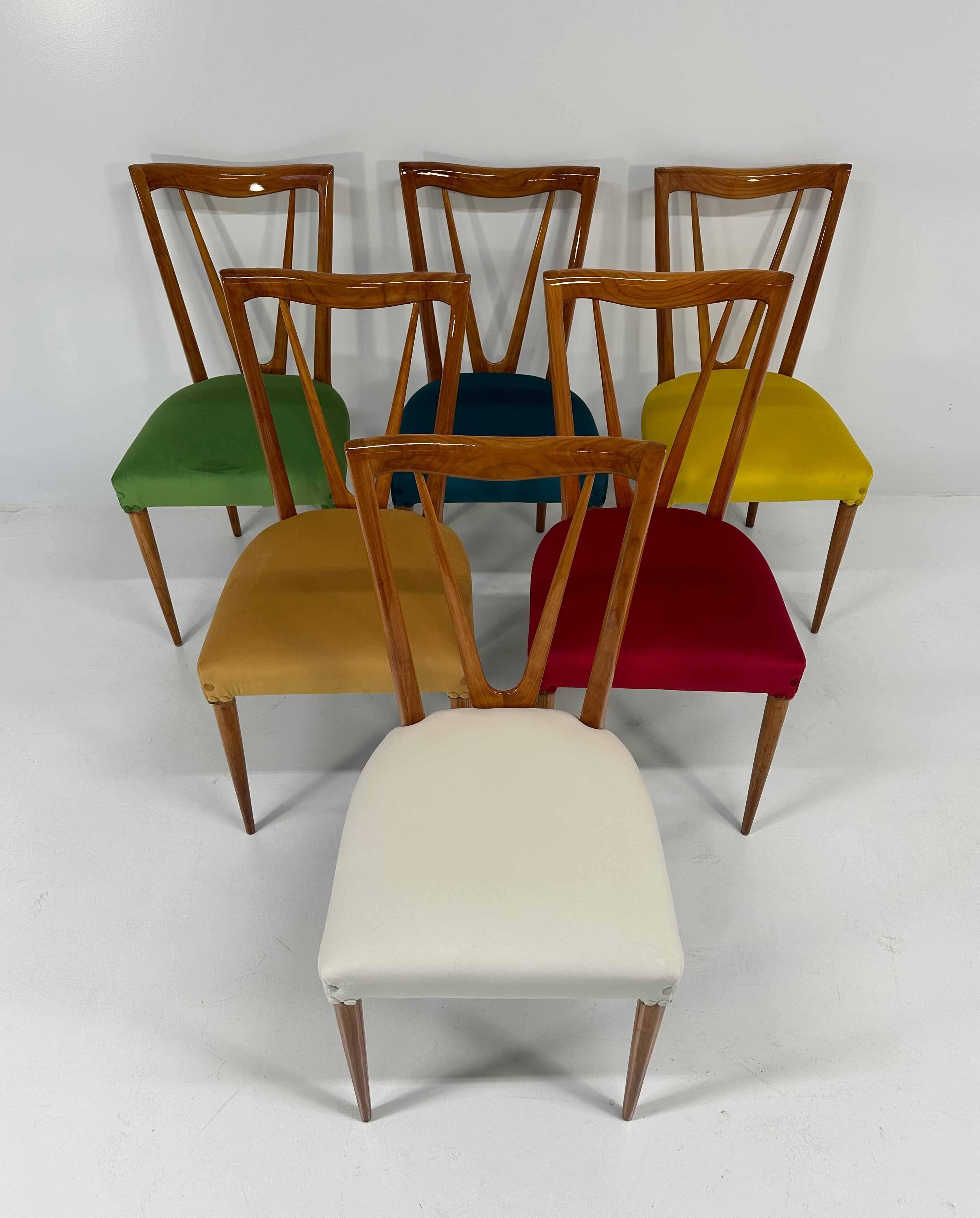 Italian Mid-Century Cherry Wood and Pastel Colored Chairs , 1950s 1