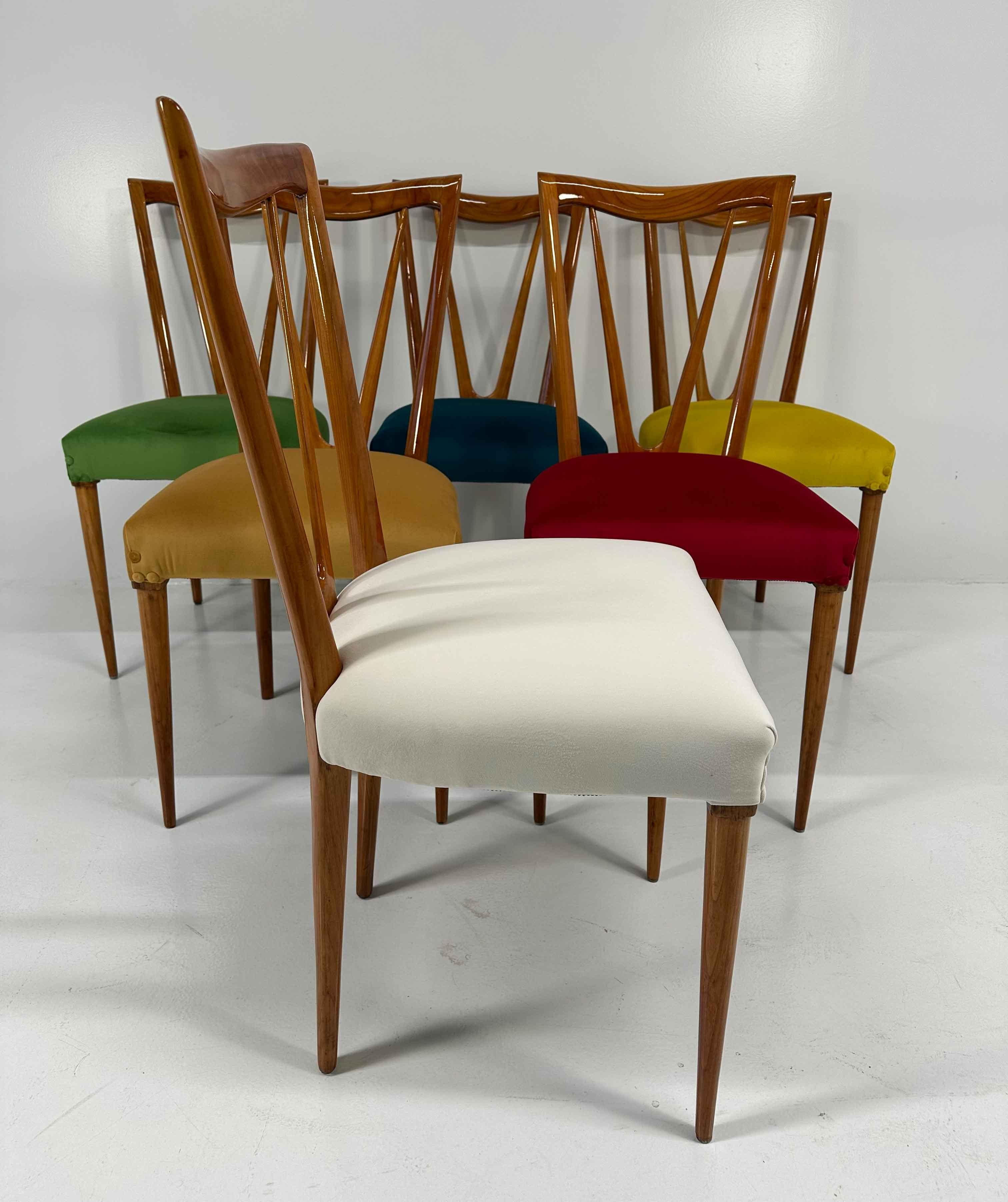 Italian Mid-Century Cherry Wood and Pastel Colored Chairs , 1950s 2