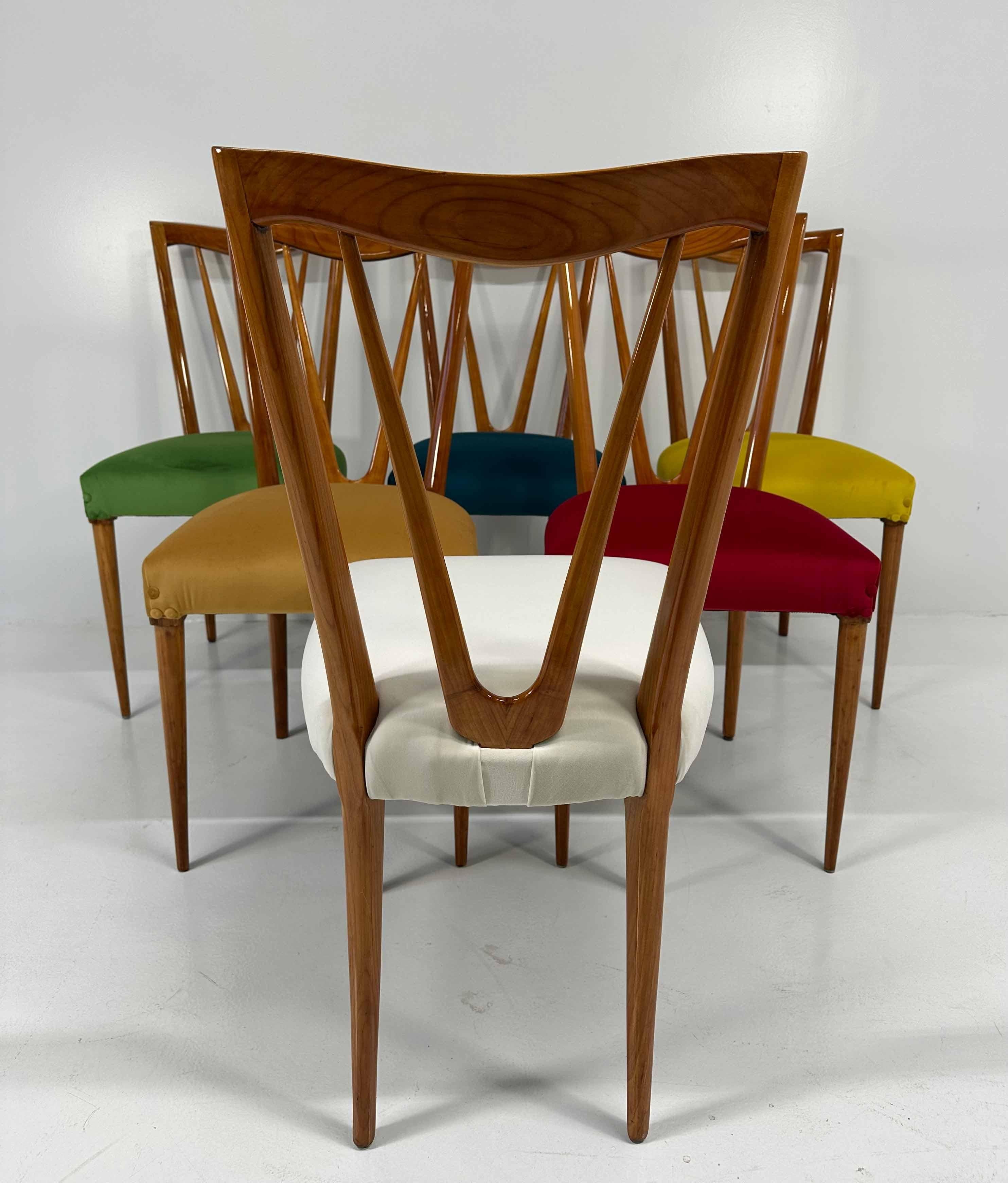 Italian Mid-Century Cherry Wood and Pastel Colored Chairs , 1950s 3
