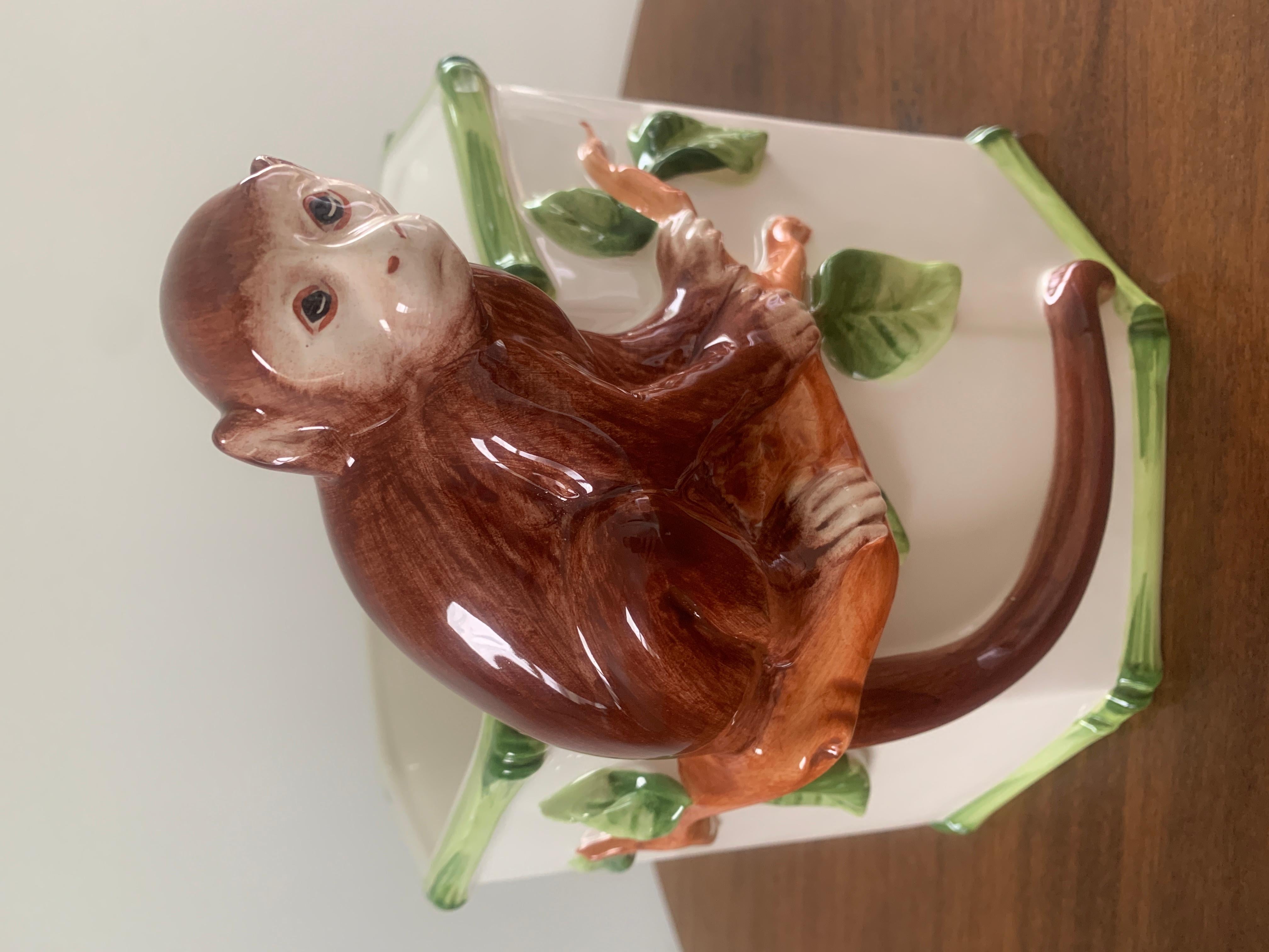 Italian Mid-Century Chinoiserie Porcelain Monkey Cachepot Planter 2