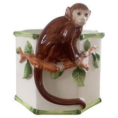 Italian Mid-Century Chinoiserie Porcelain Monkey Cachepot Planter