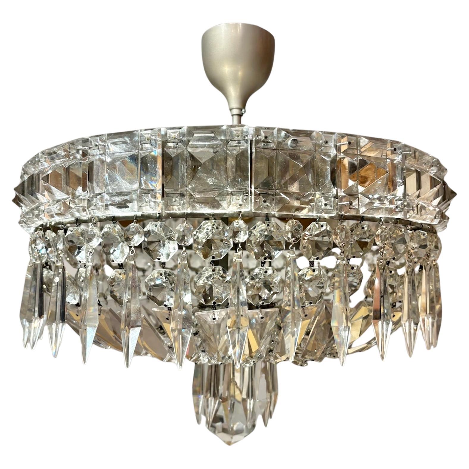Italian Mid-Century Chrome and Bohemian Crystal Flush Mount For Sale