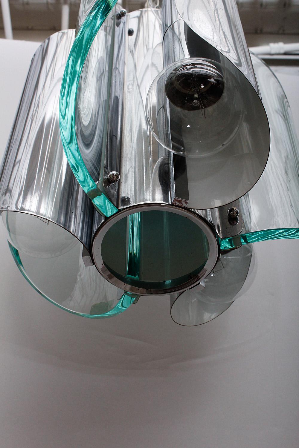 Italian Midcentury Chrome and Glass Fontana Arte Style Light Fixture, circa 1970 In Good Condition For Sale In North Miami, FL