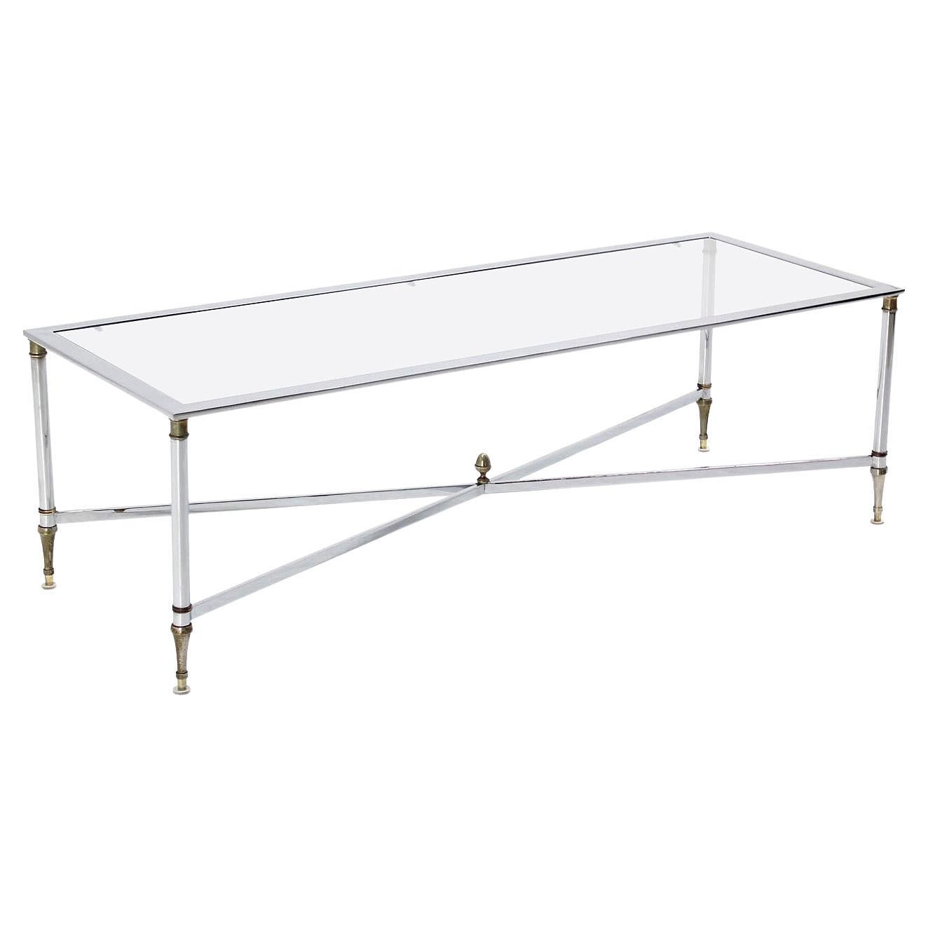 Italian Mid Century Chrome Brass X Base Glass Top Long Rectangle Coffee Table