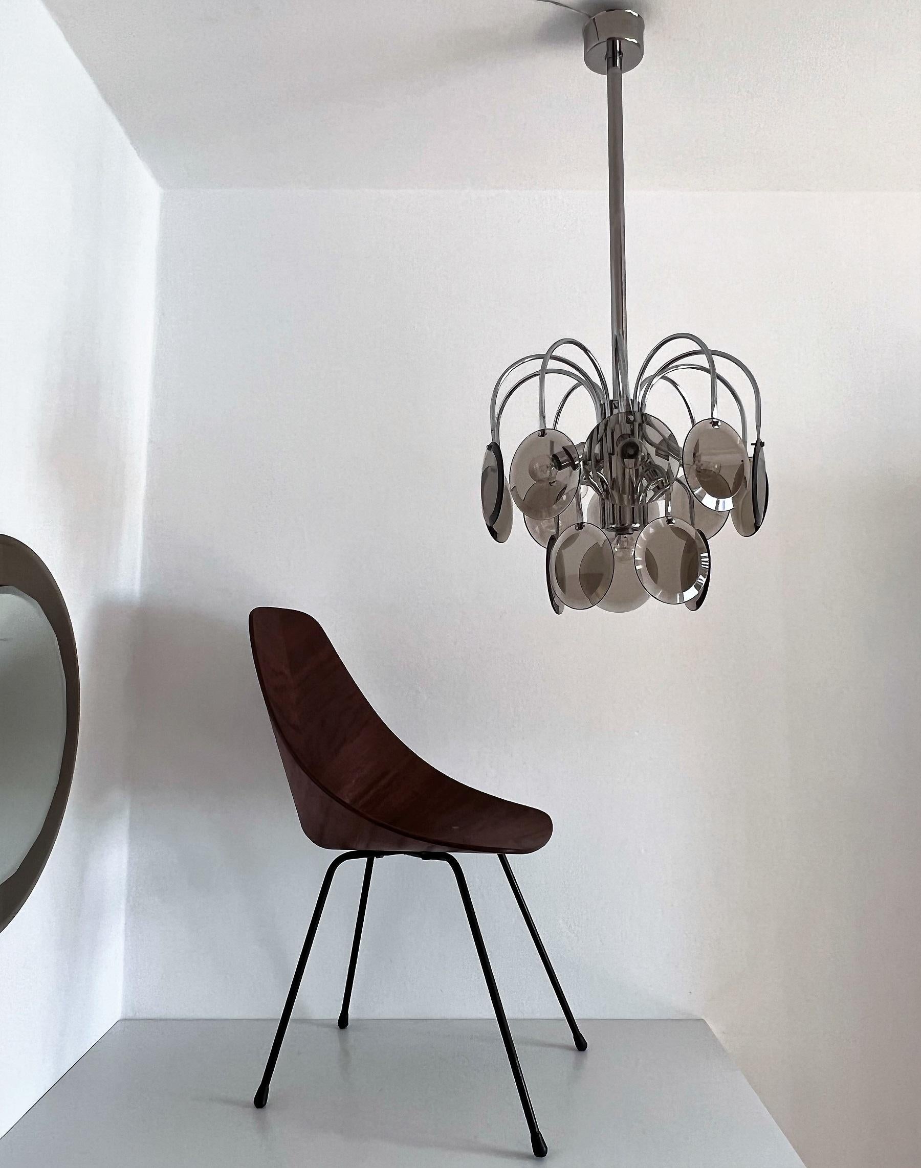 Italian Mid-Century Chrome Pendant Lamp with Murano Smoked Glass, 1970s For Sale 4