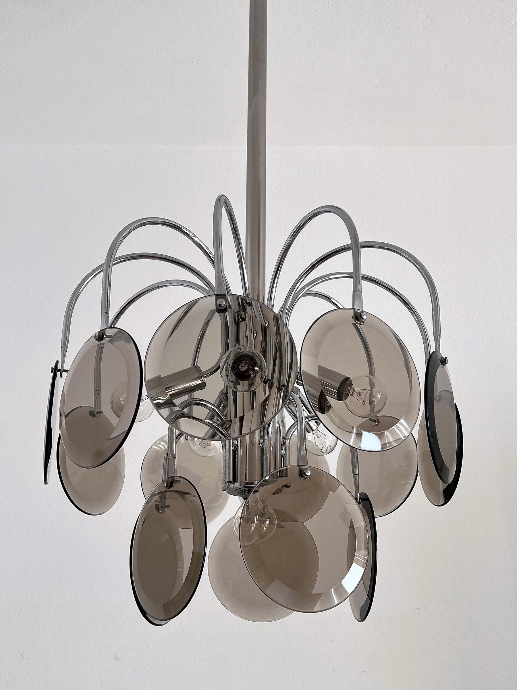 Late 20th Century Italian Mid-Century Chrome Pendant Lamp with Murano Smoked Glass, 1970s For Sale