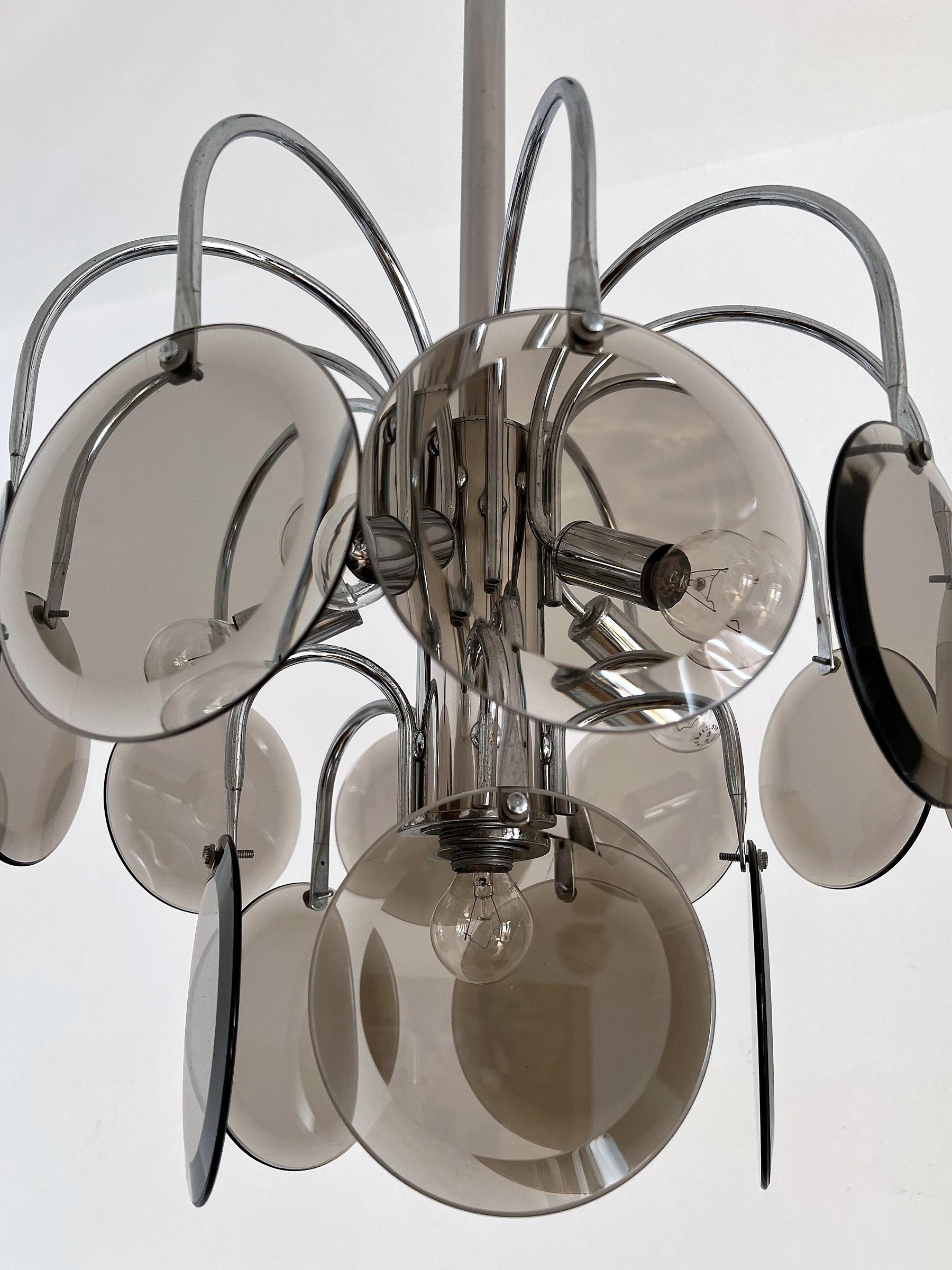 Italian Mid-Century Chrome Pendant Lamp with Murano Smoked Glass, 1970s For Sale 1