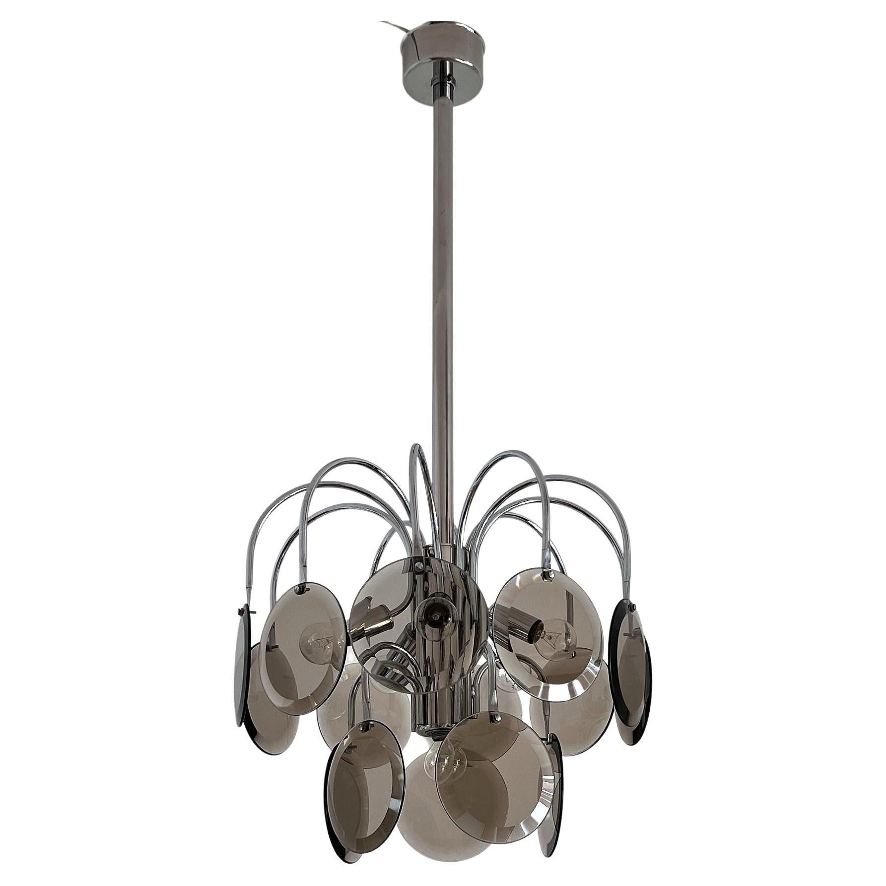 Italian Mid-Century Chrome Pendant Lamp with Murano Smoked Glass, 1970s For Sale