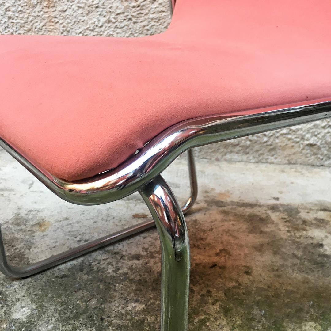 Italian Midcentury Chromed Steel and Pink Fabric Chairs, 1970s 4
