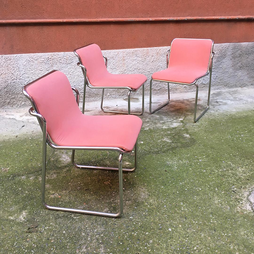 Italian midcentury chromed steel and pink fabric chairs, 1970s
Chromed steel chairs with seat and back upholstered in pink fabric and studs on the back.
Perfectly in 1970s style, unique piece and with original fabrics.

Good