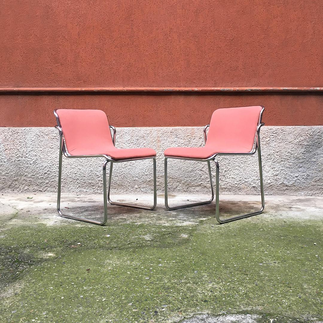 Mid-Century Modern Italian Midcentury Chromed Steel and Pink Fabric Chairs, 1970s