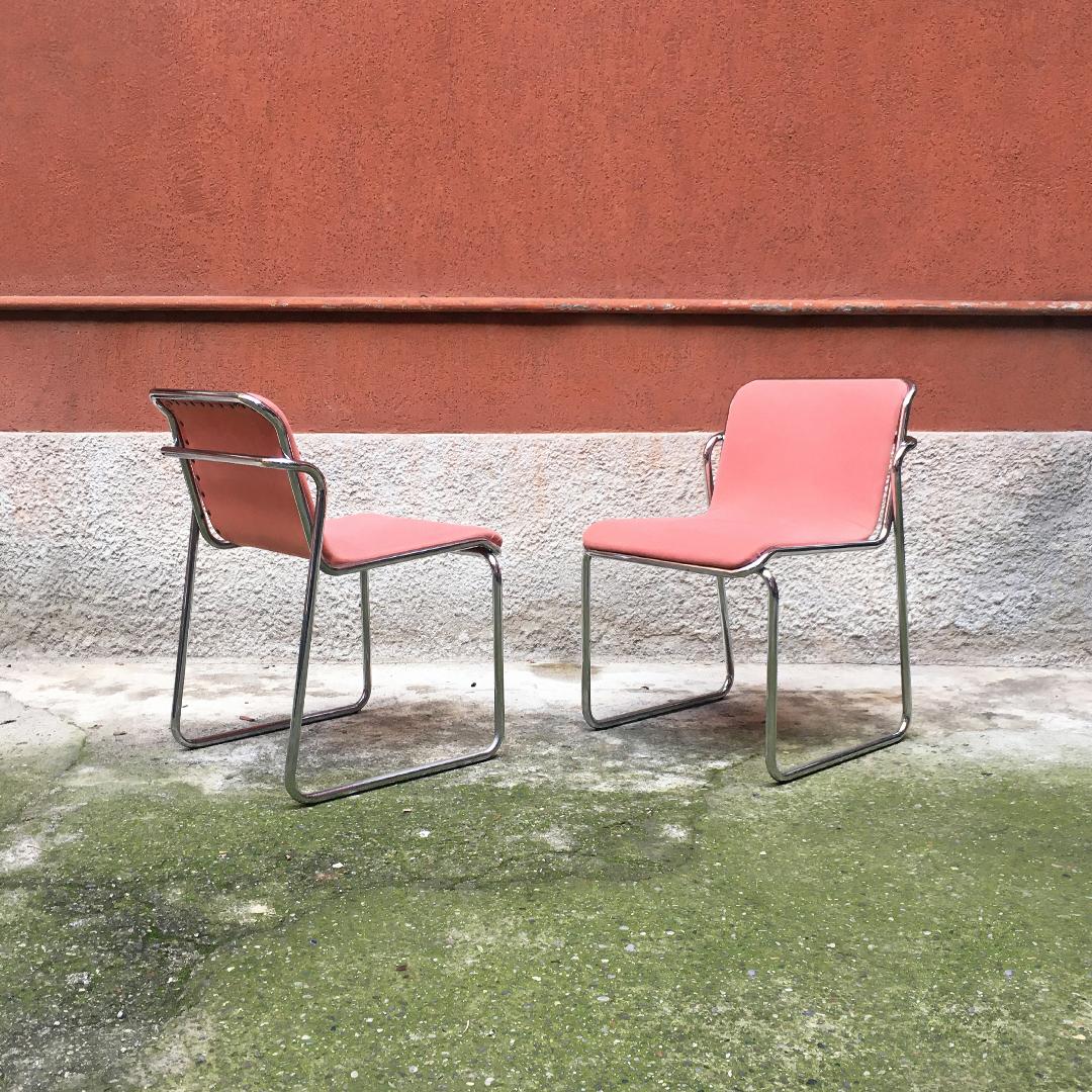 Italian Midcentury Chromed Steel and Pink Fabric Chairs, 1970s In Good Condition In MIlano, IT