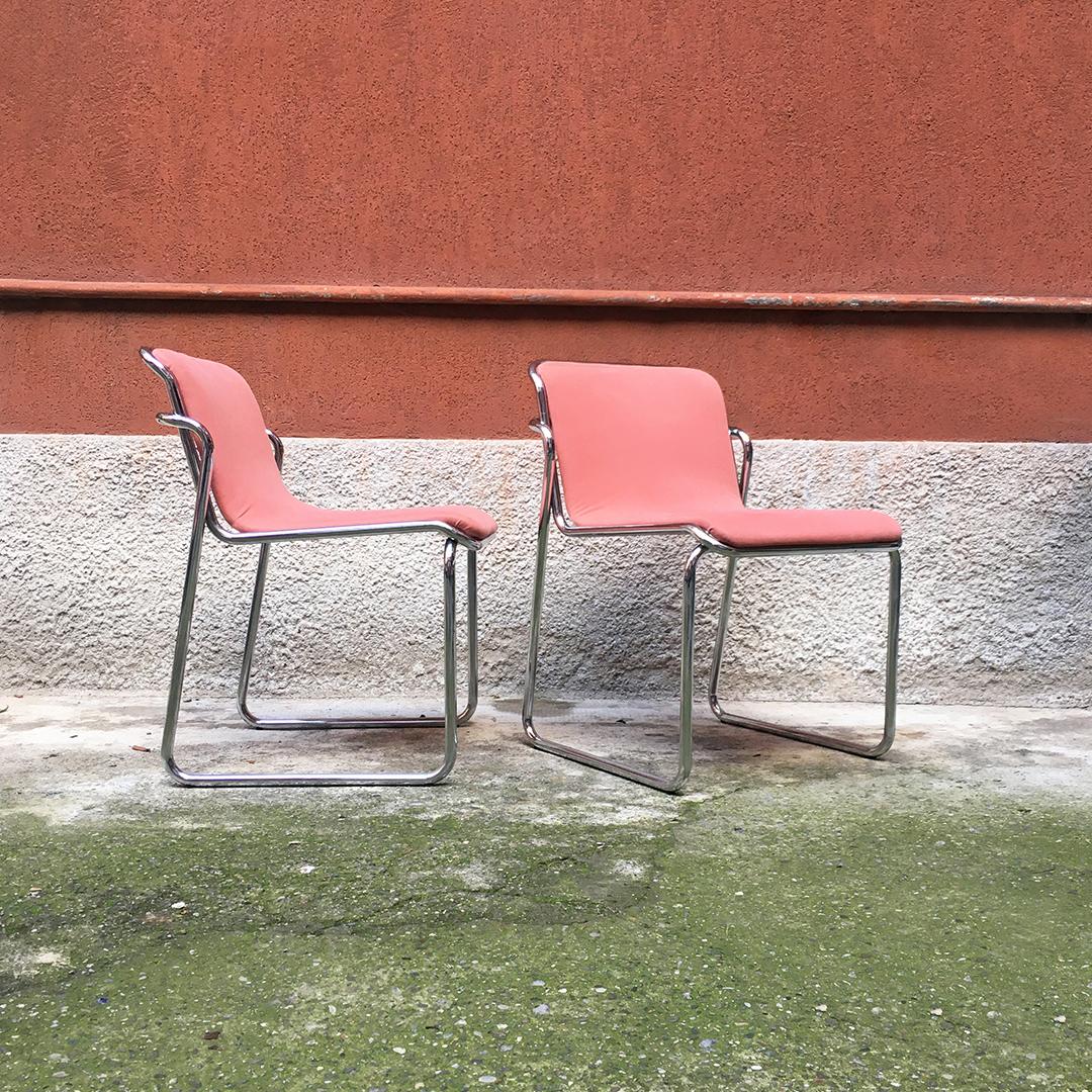 Late 20th Century Italian Midcentury Chromed Steel and Pink Fabric Chairs, 1970s