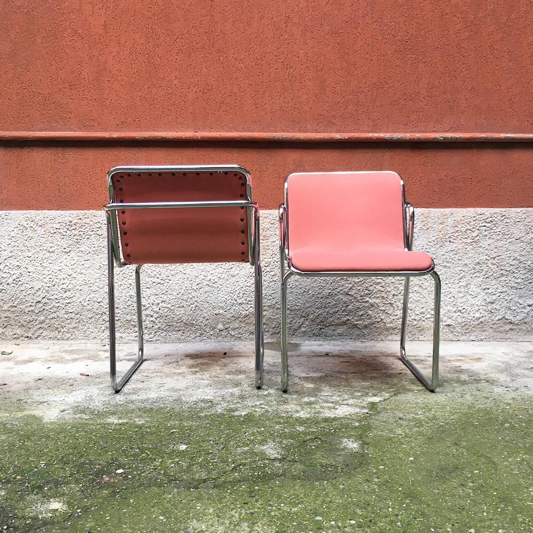 Metal Italian Midcentury Chromed Steel and Pink Fabric Chairs, 1970s