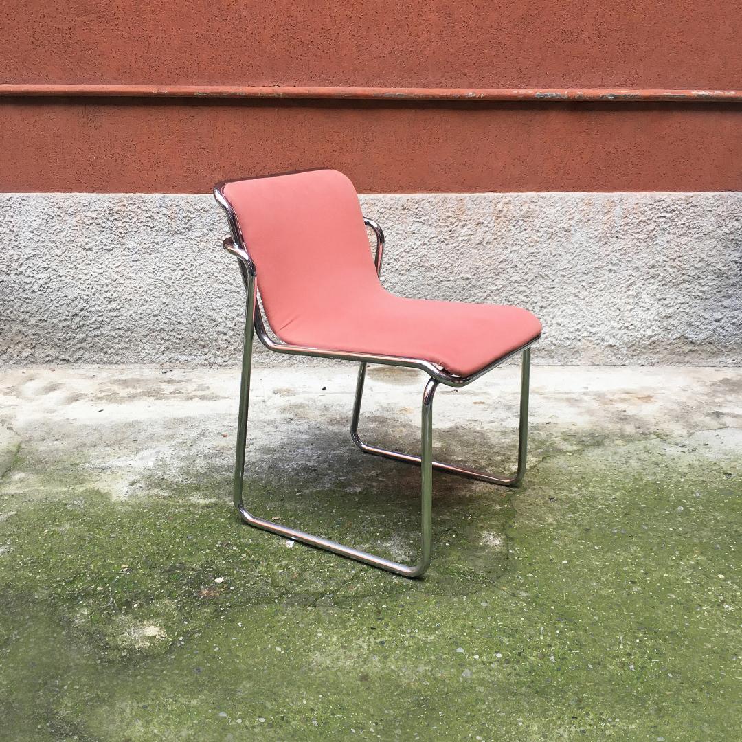 Italian Midcentury Chromed Steel and Pink Fabric Chairs, 1970s 1
