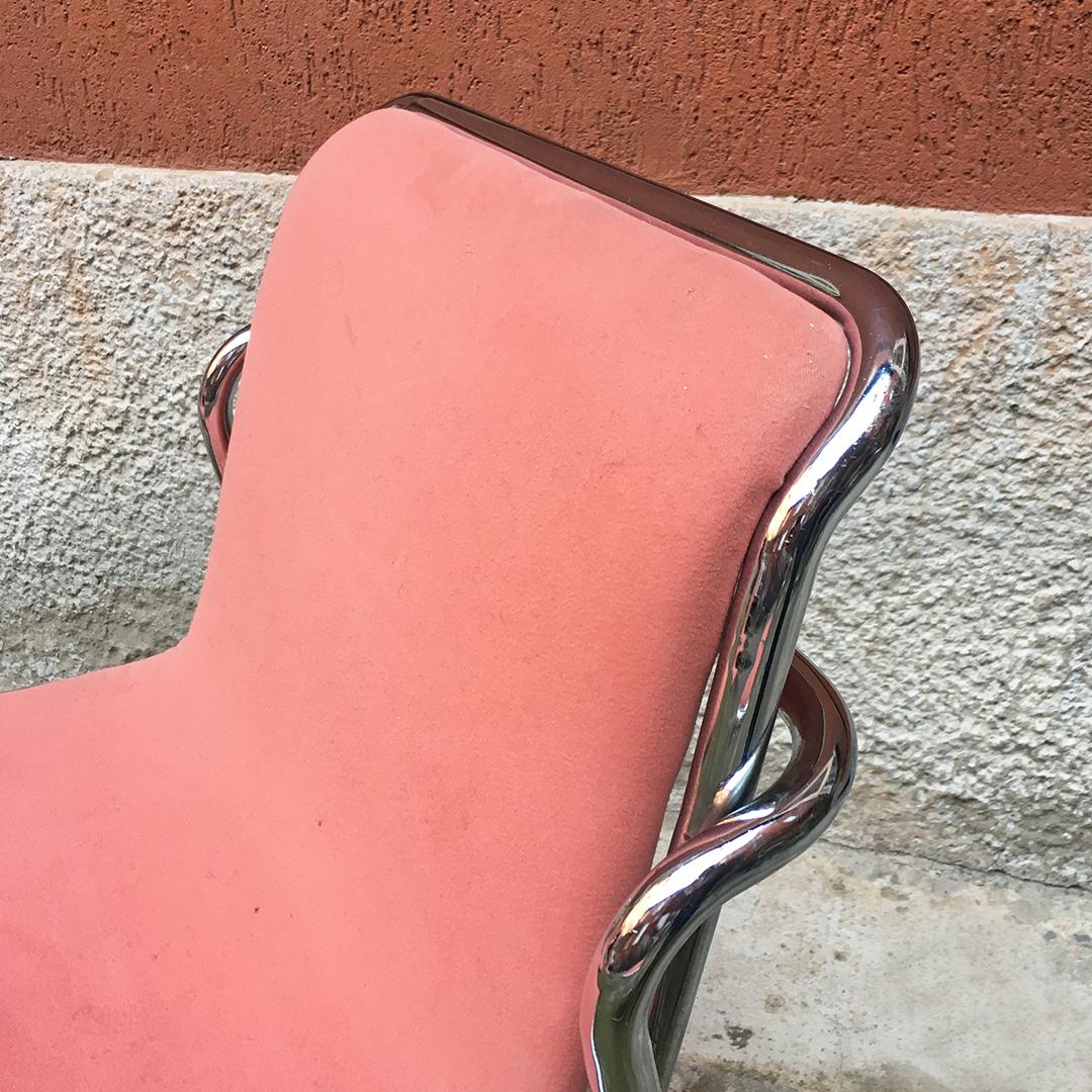 Italian Midcentury Chromed Steel and Pink Fabric Chairs, 1970s 3