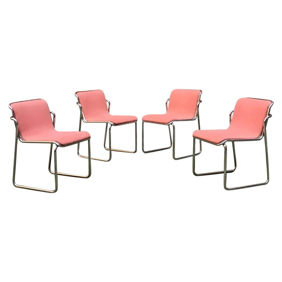 Italian Midcentury Chromed Steel and Pink Fabric Chairs, 1970s