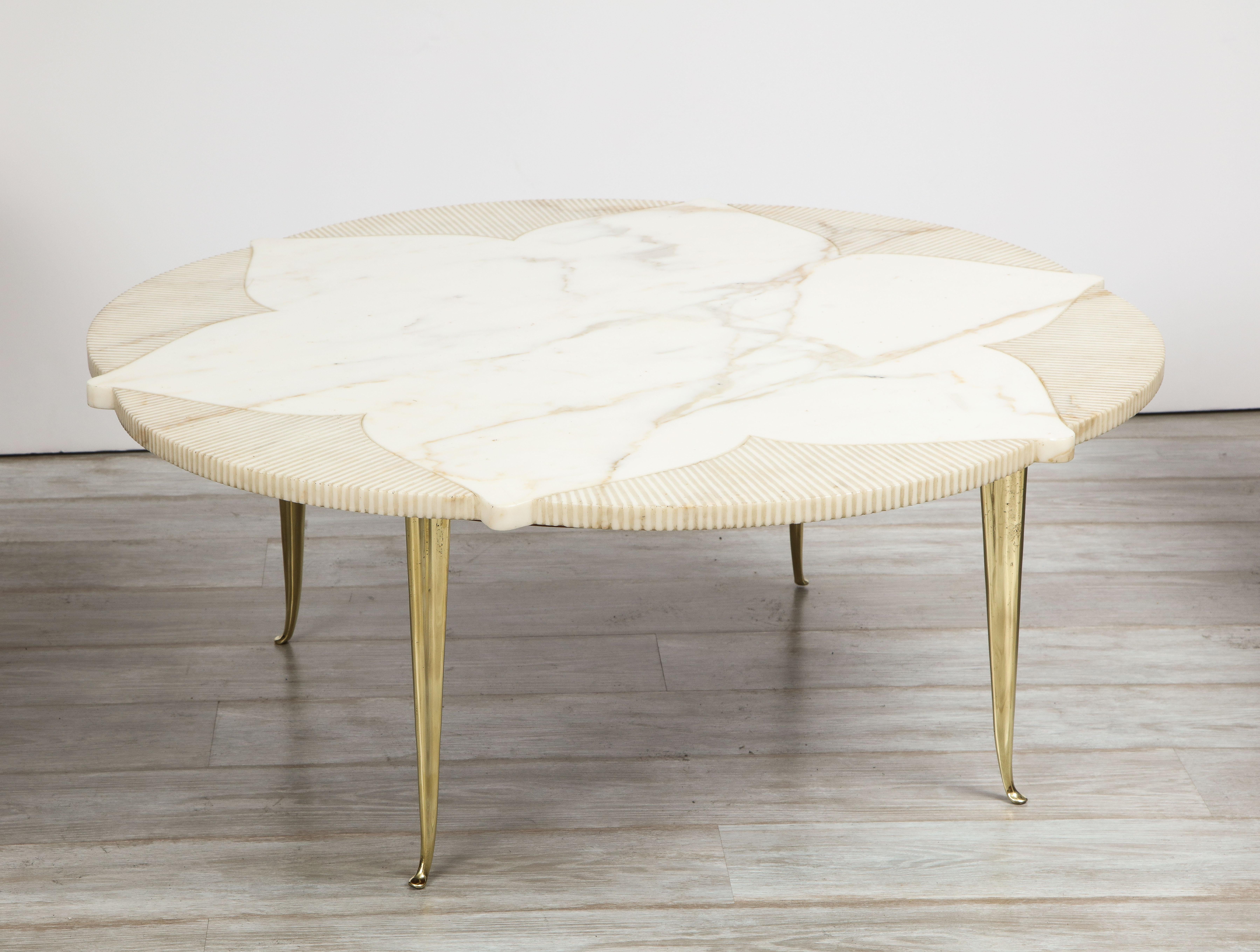 Italian Midcentury Circular Star Form White Marble Coffee Table with Brass Legs 1