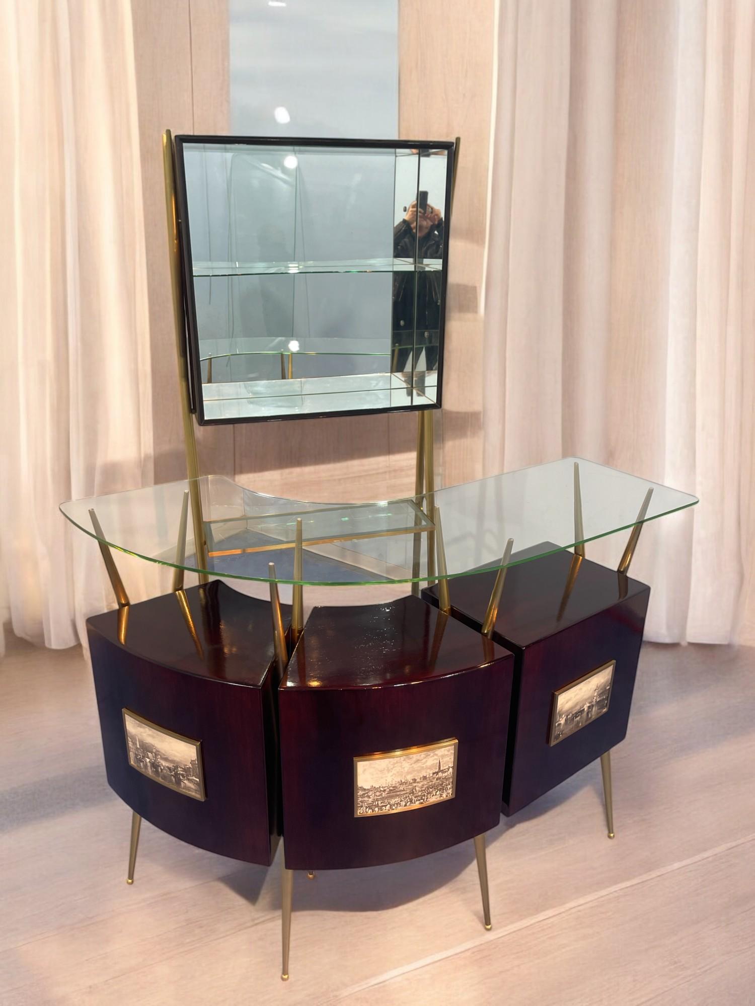 Ottone Set da cocktail bar con mobile in stile Gio Ponti, 1950 in vendita