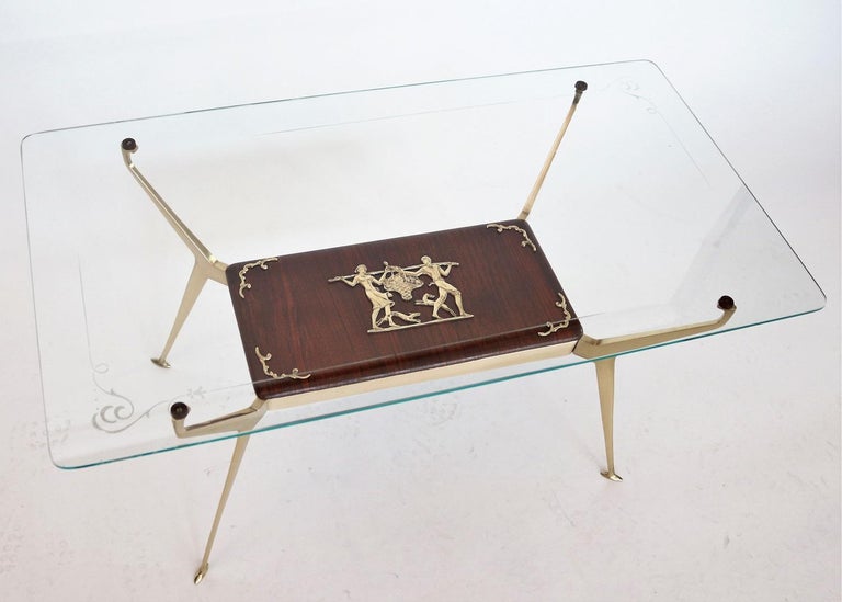 Italian Midcentury Coffee Table or Side Table with Brass and Mahogany, 1950s For Sale 9