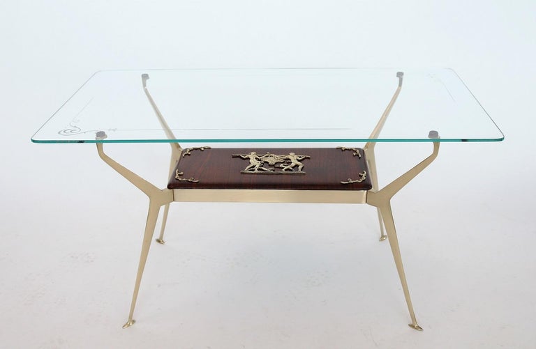 Italian Midcentury Coffee Table or Side Table with Brass and Mahogany, 1950s For Sale 12