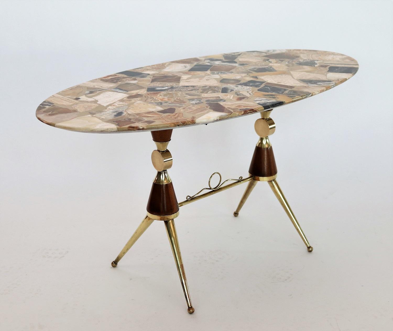 Italian Midcentury Coffee Table with Marble Mosaic, Brass and Mahogany, 1950s 4