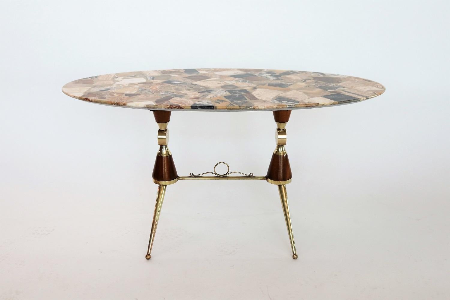 Italian Midcentury Coffee Table with Marble Mosaic, Brass and Mahogany, 1950s 6