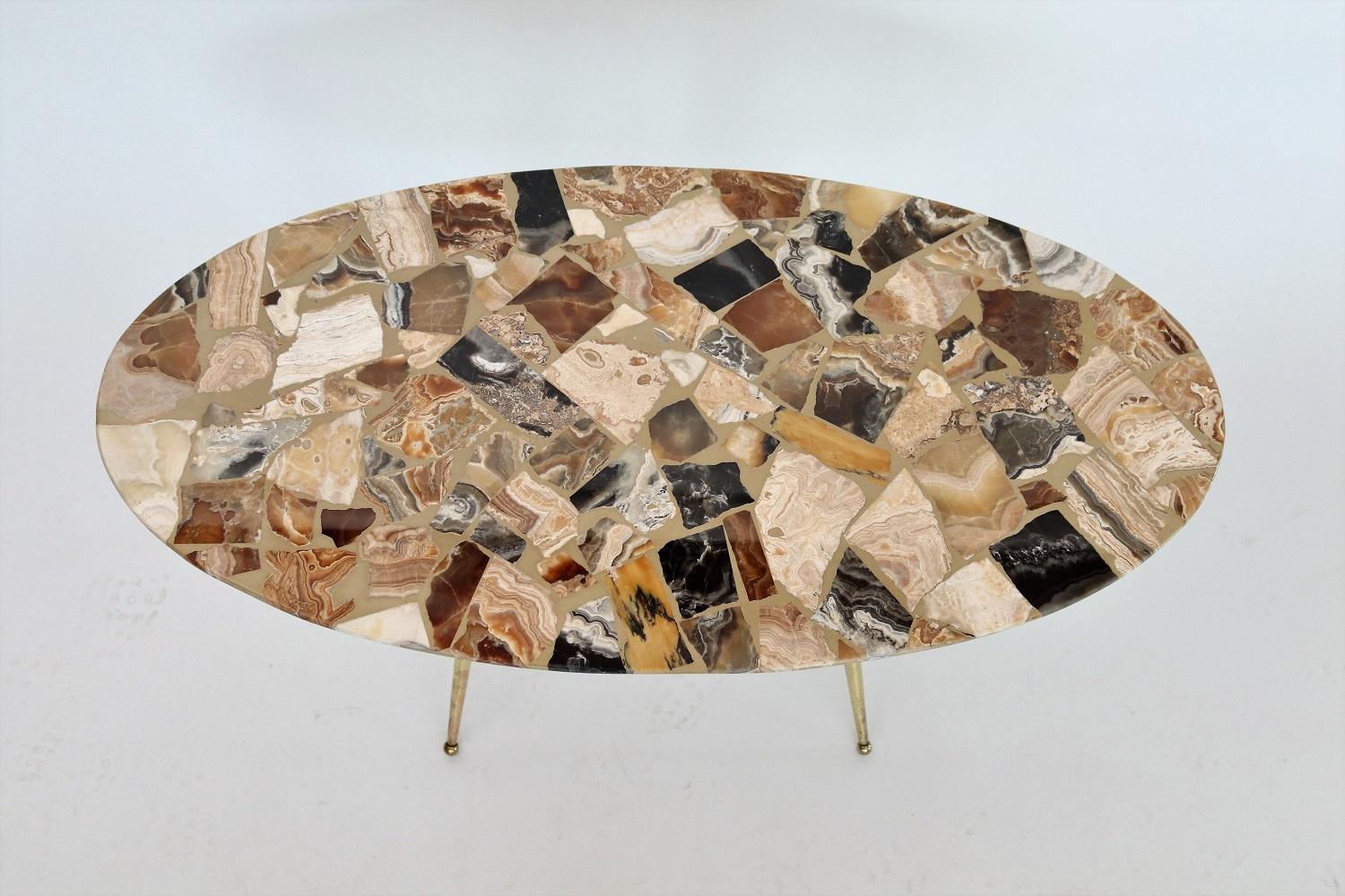 Mid-Century Modern Italian Midcentury Coffee Table with Marble Mosaic, Brass and Mahogany, 1950s