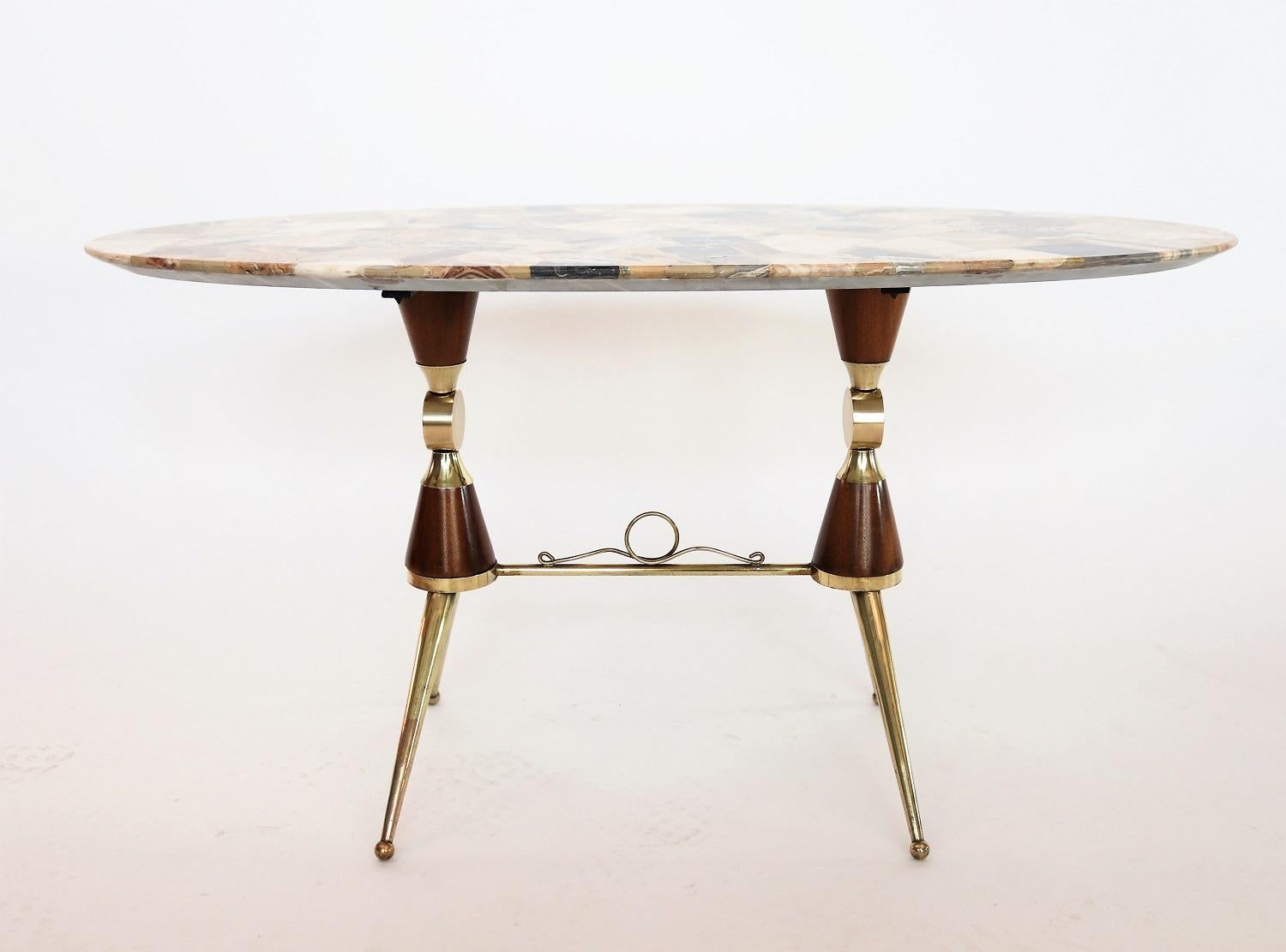 Polished Italian Midcentury Coffee Table with Marble Mosaic, Brass and Mahogany, 1950s