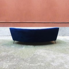Italian Mid-Century Comma-Shaped Blue Velvet Sofa with Metal Legs, 1950s