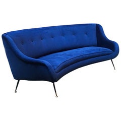 Italian Mid-Century Comma-Shaped Blue Velvet Sofa with Metal Legs, 1950s