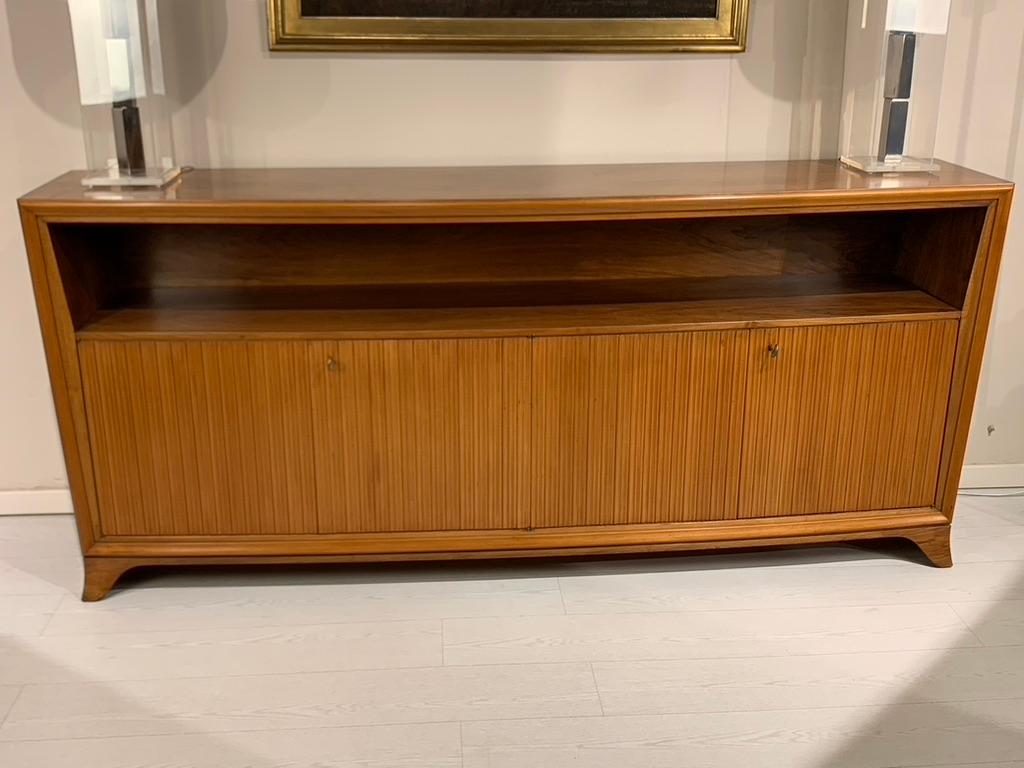 Wood Italian Mid Century Convex Sideboard with Four Grooved Doors
