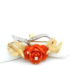 Italian Mid-Century Coral, Diamond, 18K Gold and Platinum Bird Brooch Pendant