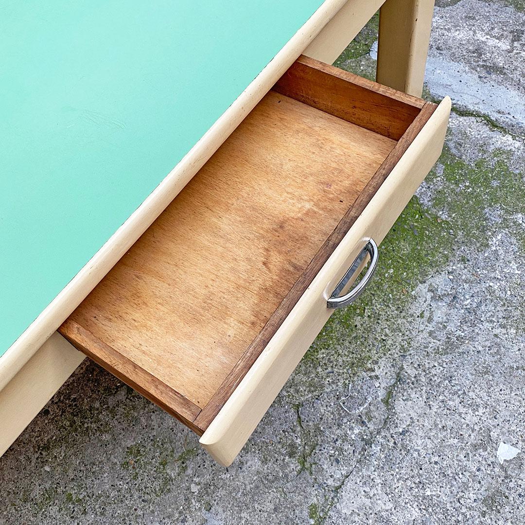 Mid-20th Century Italian Mid Century Creamy White Wood and Aquamarine Formica Kitchen Table, 1940 For Sale