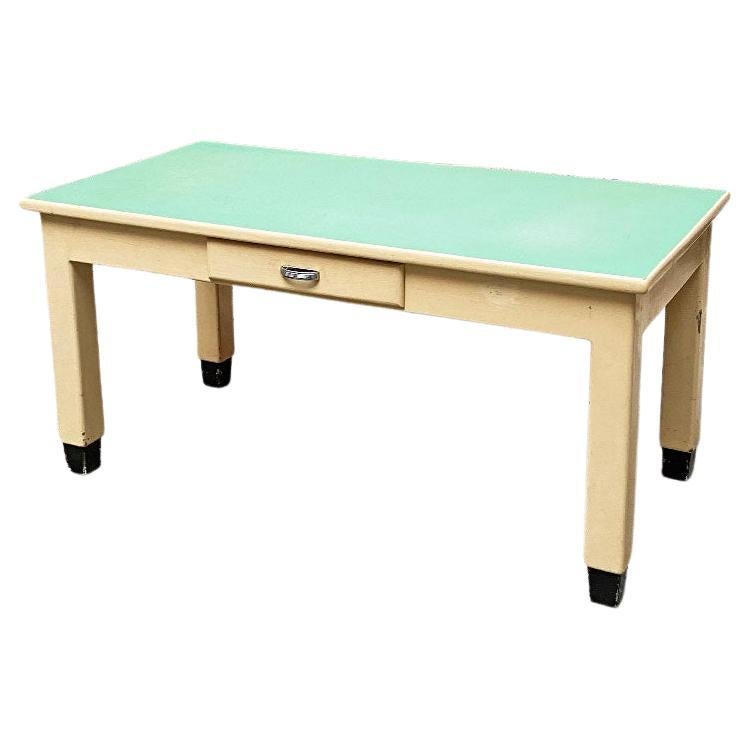 Italian Mid Century Creamy White Wood and Aquamarine Formica Kitchen Table, 1940 For Sale