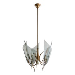 Vintage Italian Mid-Century Curved Glass Chandelier Attributed to Fontana Arte, 1950s
