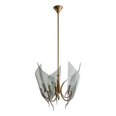 Italian Mid-Century Curved Glass Chandelier Attributed to Fontana Arte, 1950s