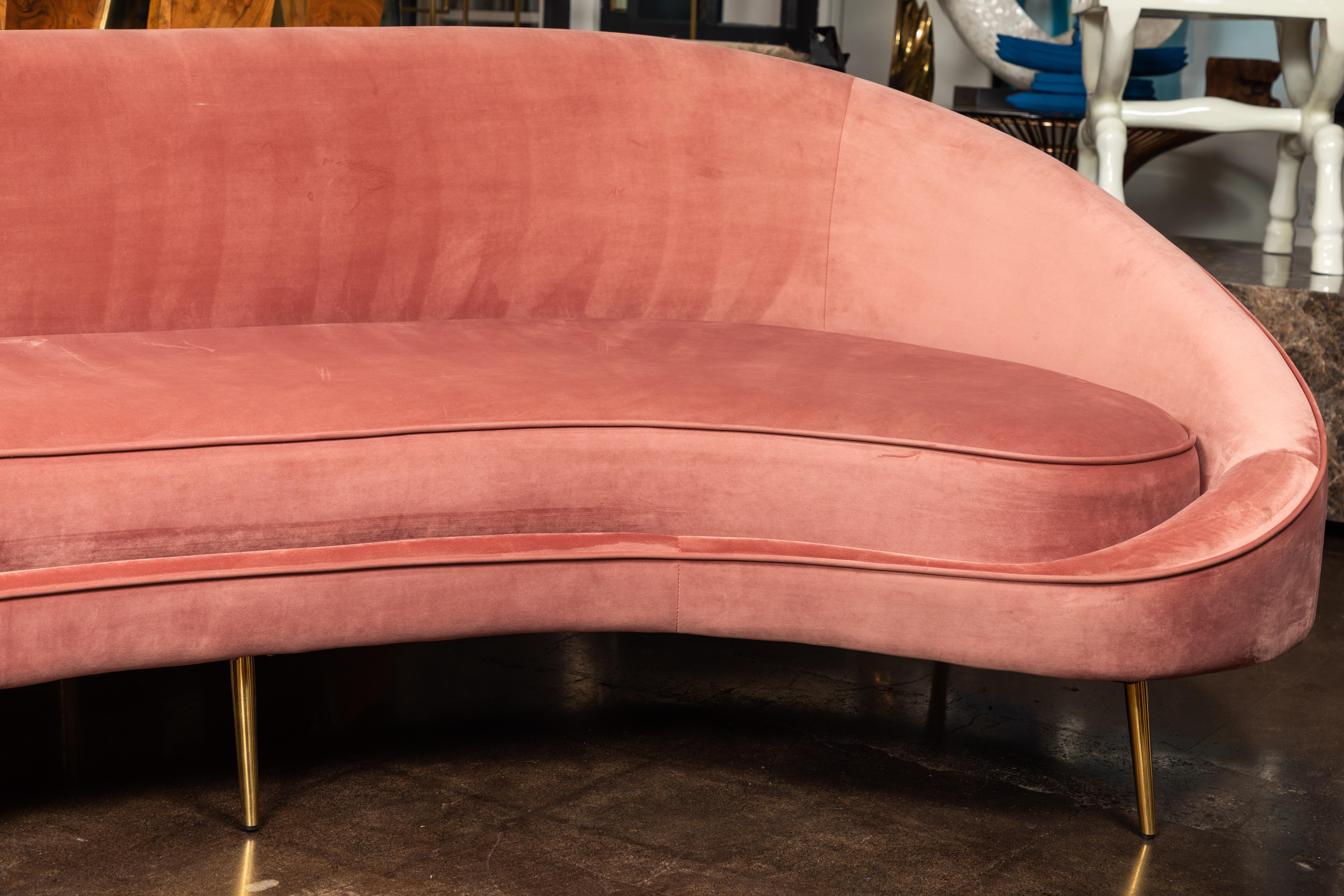 Italian Midcentury Curved Sofa with Brass Legs 1