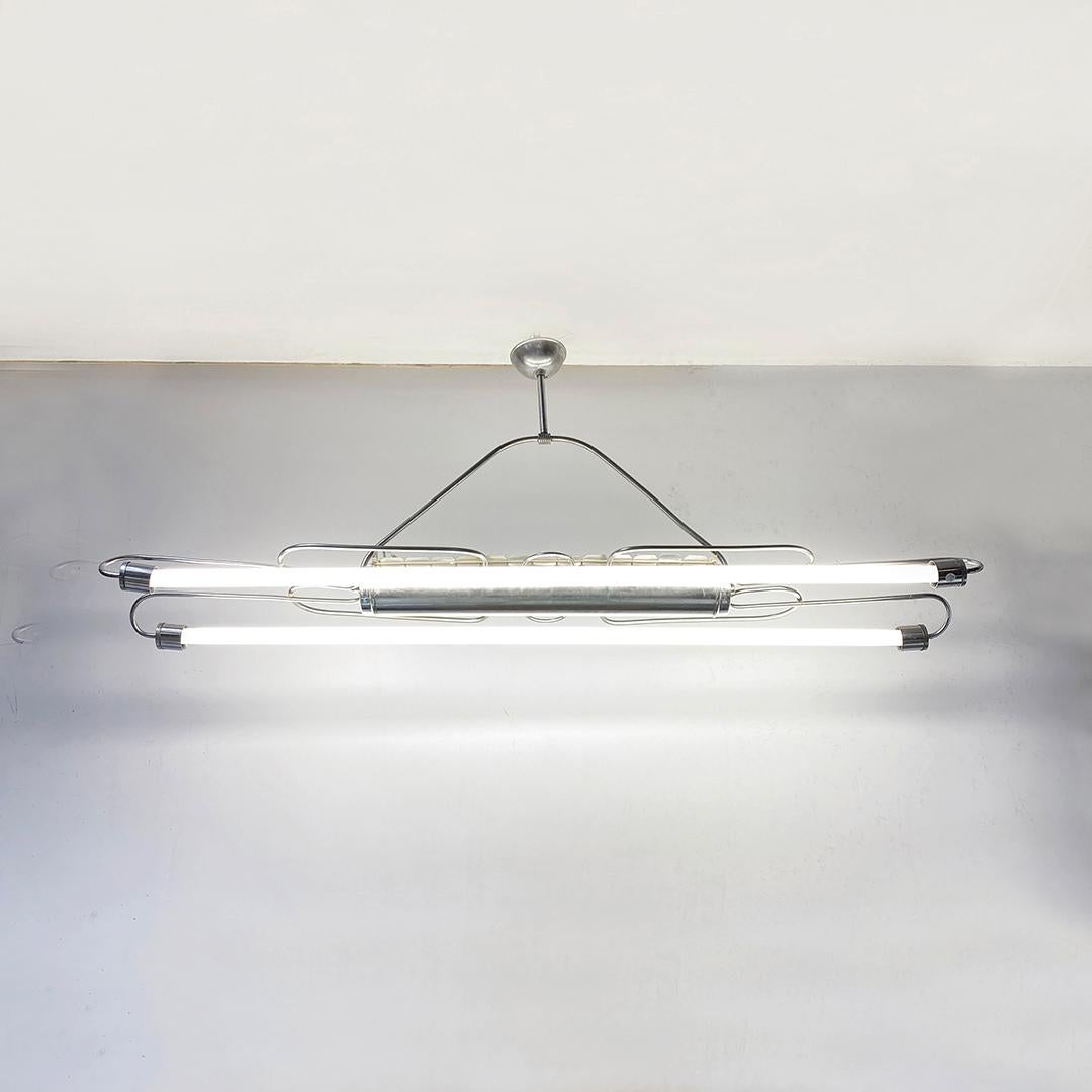 Italian Mid-Century Curved Steel Road and Double Neon Chandelier, 1940s 1