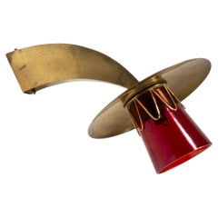 Italian Mid-Century Curved Tapered Bass Wall Light Sconce Red Glass, Italy 1950s