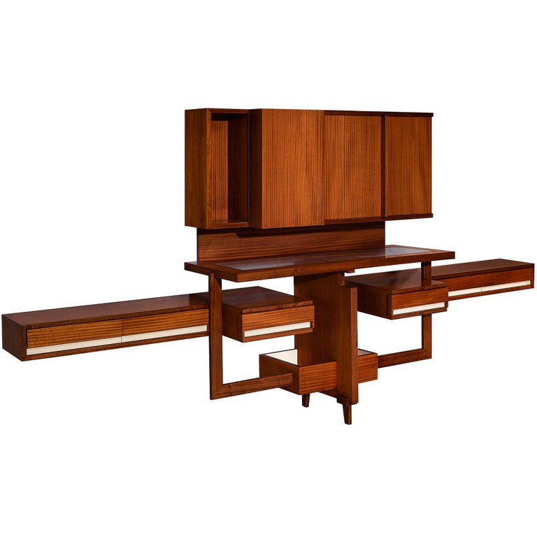 Italian Mid-Century Custom-Made Architectural Wall Unit in Mahogany