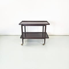 Italian Midcentury Dark Wooden Cart with Sliding Shelves and Brass Wheels 1960s