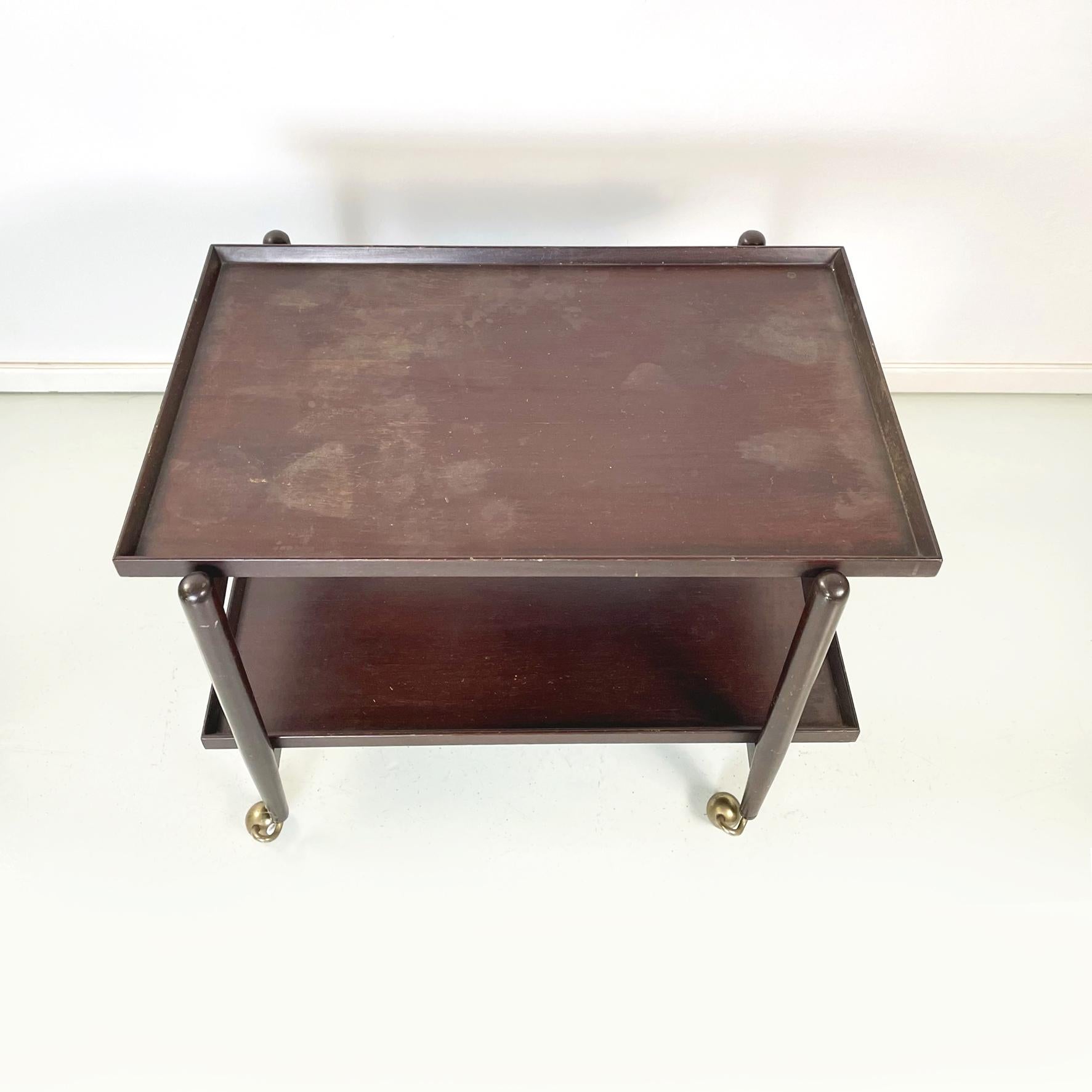 Mid-20th Century Italian Midcentury Dark Wooden Cart with Sliding Shelves and Brass Wheels 1960s For Sale